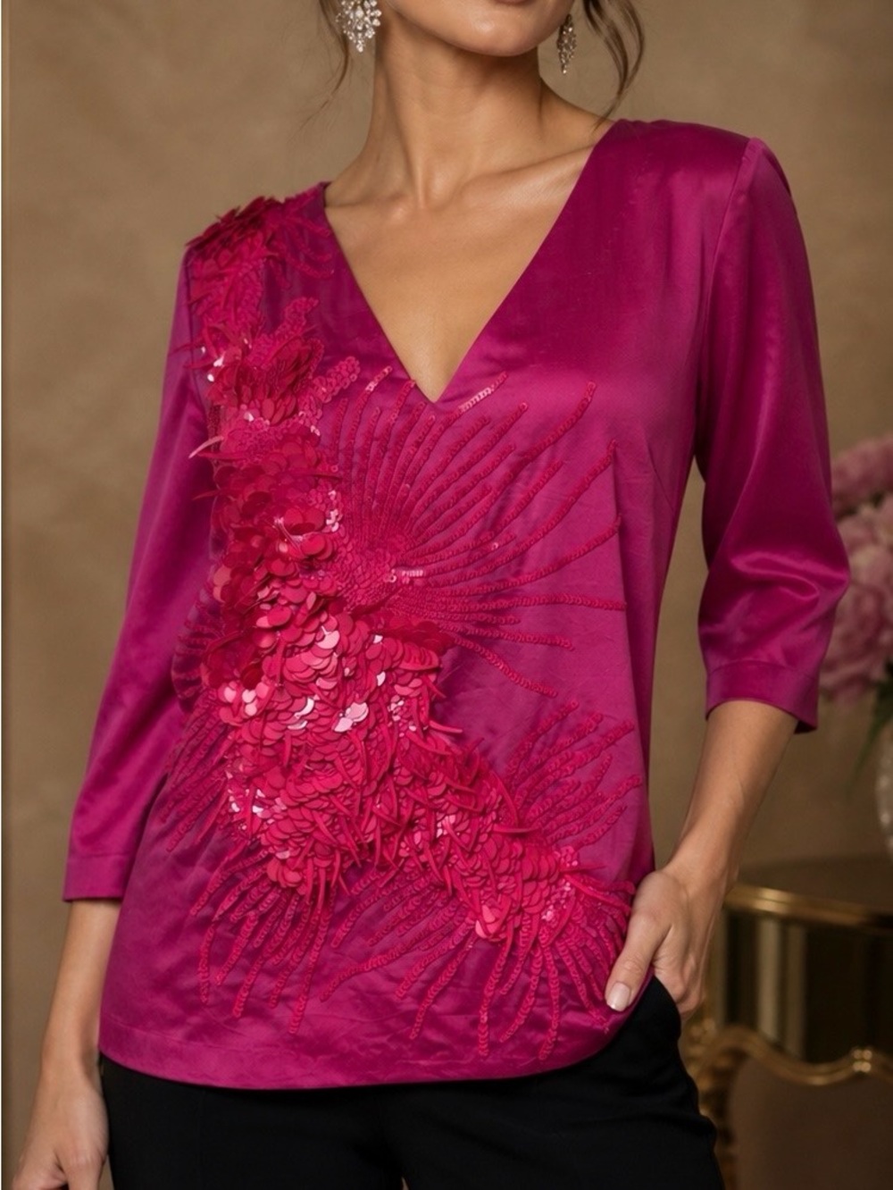 NWT Badgley Mischka Hot Pink Sequin Embellished V-Neck Cotton Top Size 4